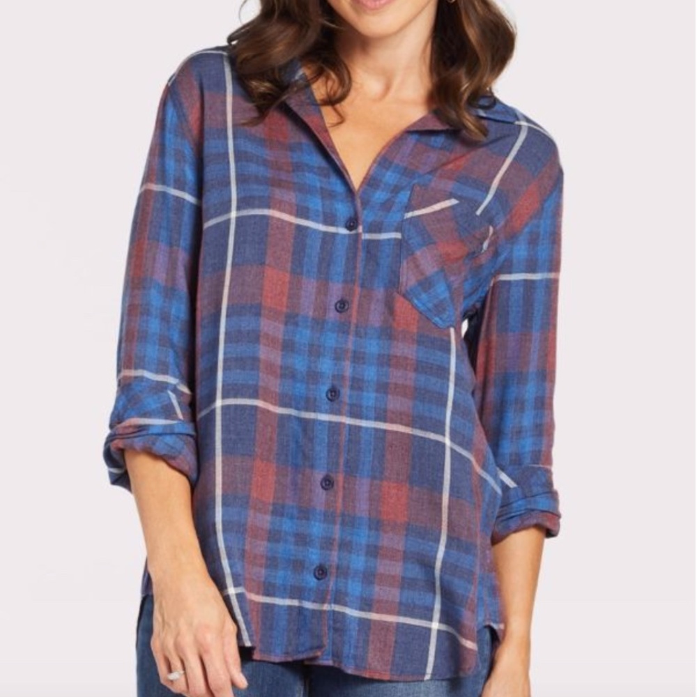 Cloth and Stone Red & Blue Plaid Top L